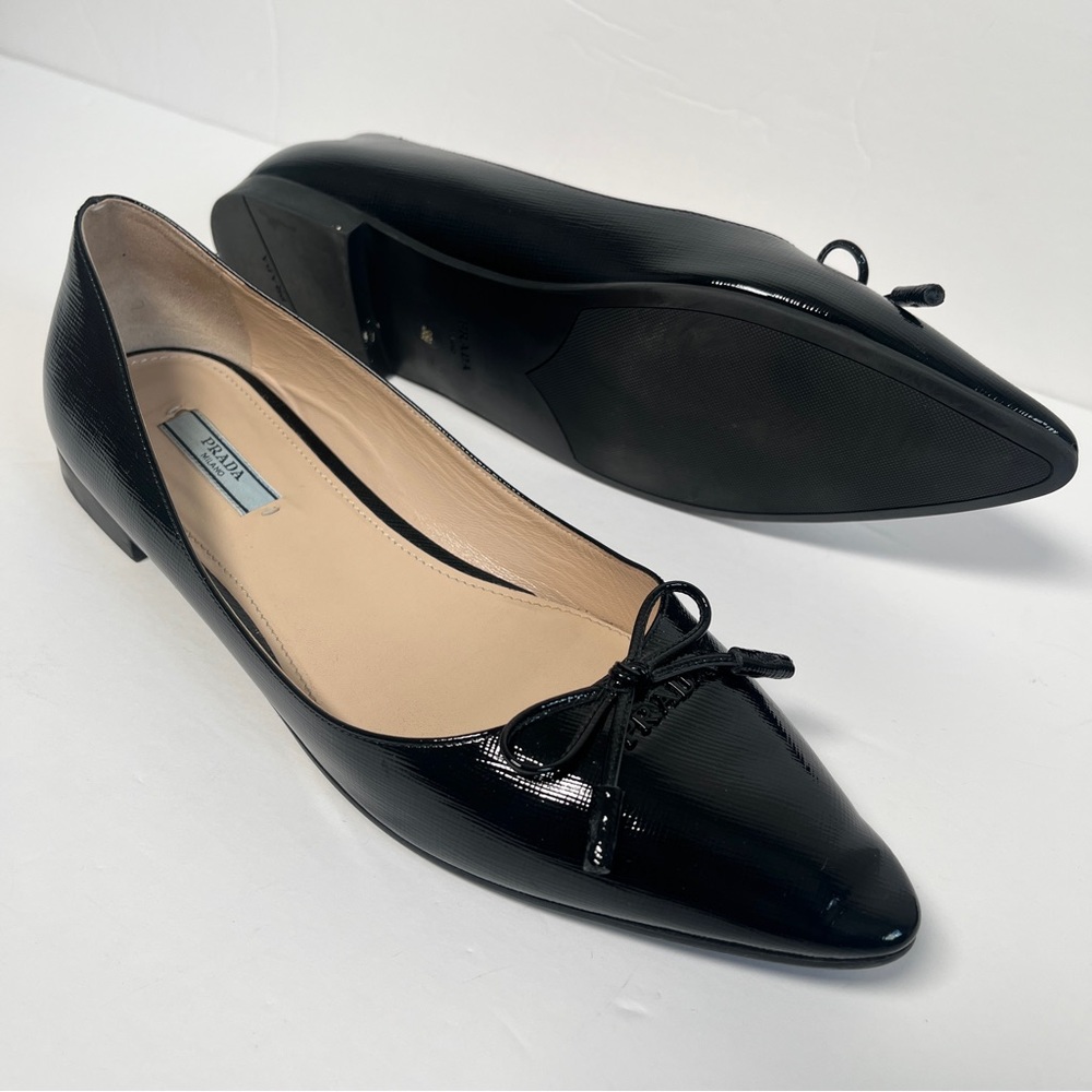 Prada Saffiano Leather Bow Logo Black Pointed Toe Flats